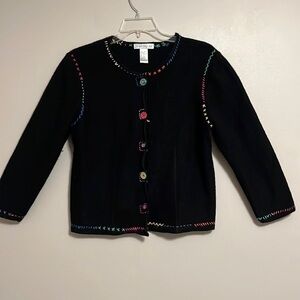 Napa Valley 1990's Black Felted Wool Rainbow Stitch Cardigan Sweater Size‎ Large